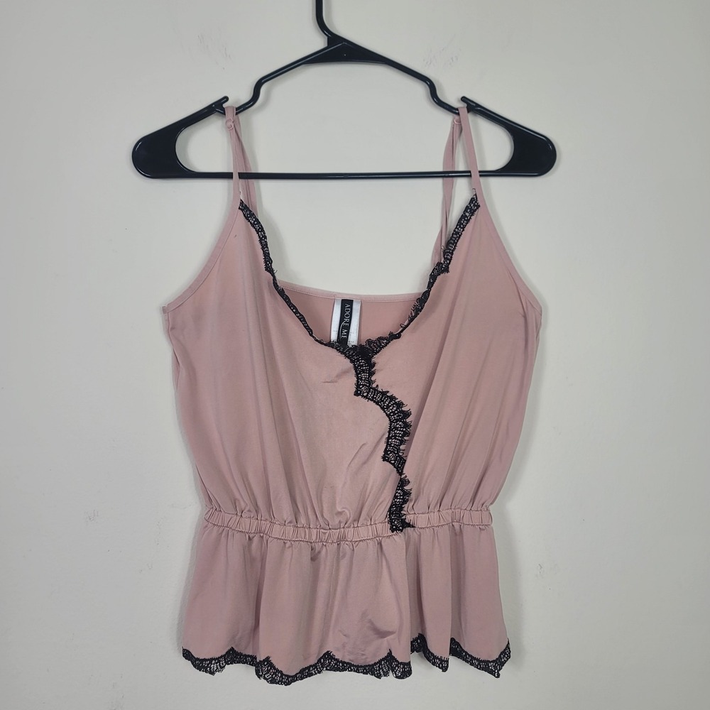 Adore Me Cami Top M Black Lace Trim V-Neck Peplum Nude Beige Y2K Coquette Sexy